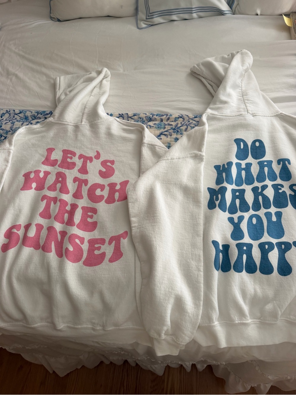 Gildan White Hoodie with Pink or Blue Slogan Graphic